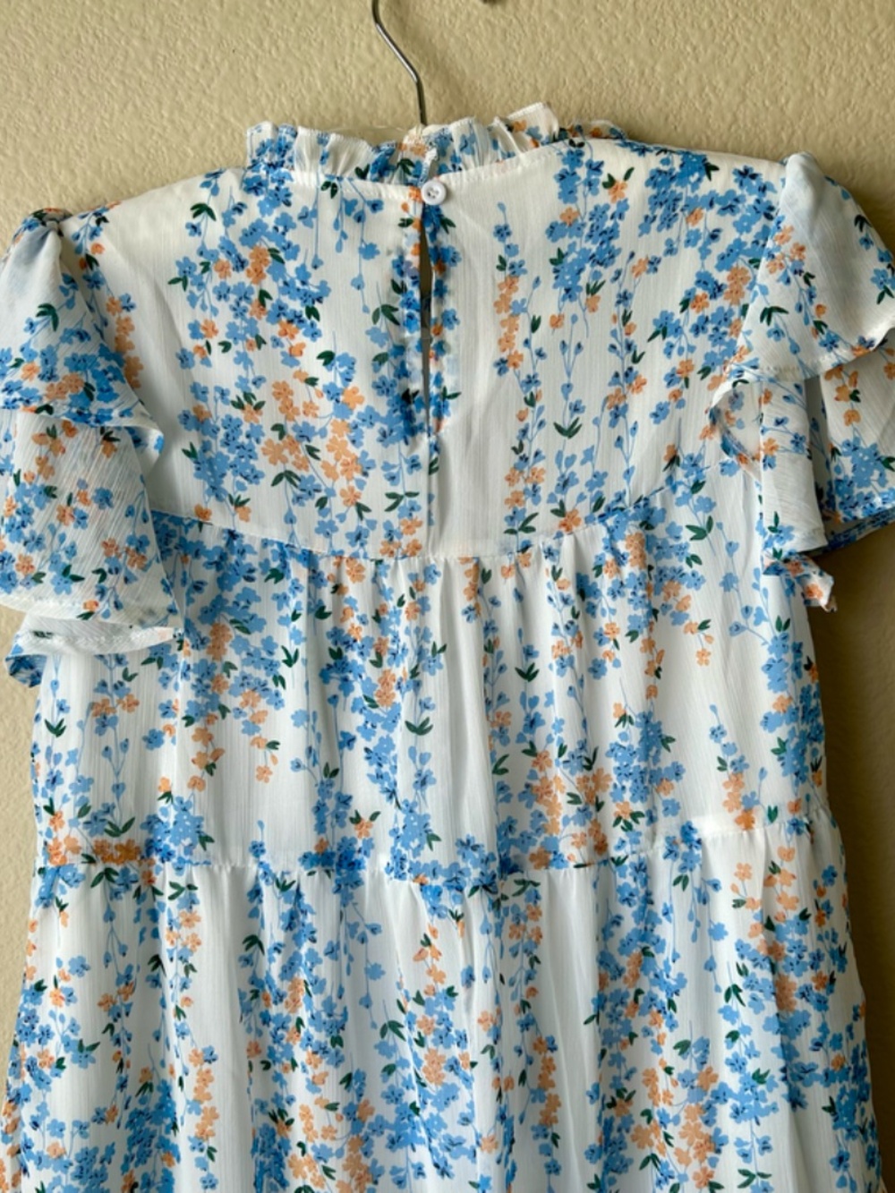 Blue Orange Floral Dress Short Layered Sleeves Ruffle Neck Shein Size Small - Picture 8 of 12